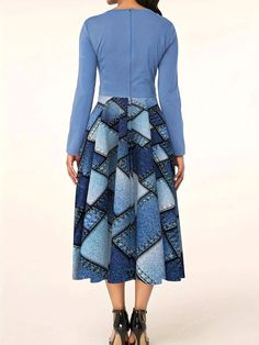 Dusty Blue Denim Print Patchwork Dress: Effortlessly Chic Long Sleeve Long Sleeve Style, Denim Print, Blue Long Sleeve Dress, Sequin Bodycon Dress, Evening Gowns Elegant, Denim Mini Dress, Patchwork Dress, Classy Chic, Green Satin