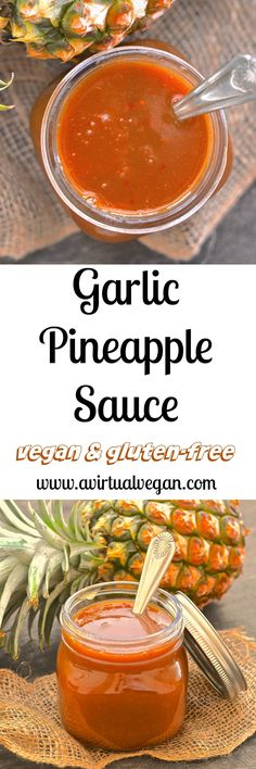 garlic pineapple sauce in a glass jar and on a plate