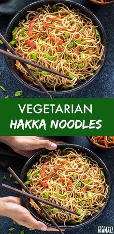 two pans filled with vegetarian hakka noodles