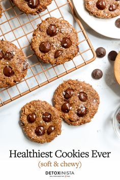 chocolate chip cookies cooling on a rack with text overlay that reads healthist cookies ever soft & chewy detoxinsta