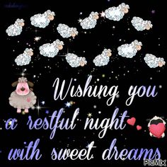 a black background with white clouds and pink hearts on it, the words wishing you a restful night with sweet dreams