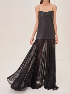 Introducing the Kaleena Dress, a striking blend of modern edge and ethereal elegance. This dress combines the sleek look of vegan leather with a flowing, pleated skirt that moves with every step. The bodice has delicate spaghetti straps that create a flattering silhouette, while the sheer, layered skirt adds a touch of drama and sophistication. Ethereal Elegance, Skirt Jumpsuit, Satin Maxi, Dress Home, Satin Maxi Dress, Layered Skirt, Sheer Dress, Sleek Look, Black Laces