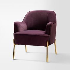 a purple chair with gold legs on a white background