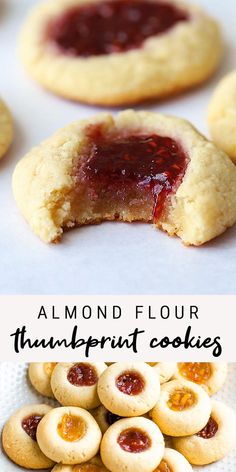 almond floured cookies with jam in the middle and an image of peanut butter cookies on top