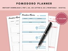 the printable planner is on top of a pink background with a pen next to it