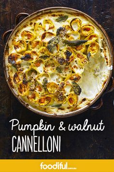 pumpkin and walnut cannelloni in a cast iron skillet