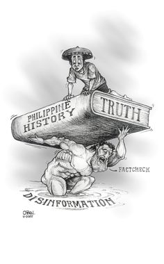 a cartoon drawing of a man holding a giant sign with the word truth on it