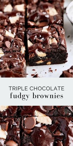 triple chocolate fudge brownies on a white plate