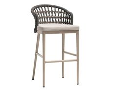 an outdoor bar stool with a rattan backrest and seat cushion in grey, on a white background