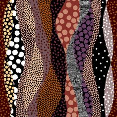 an abstract painting with circles and dots on black, brown, white, orange and pink colors