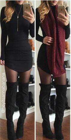 Over-the-knee / thigh-high boots. Clothing, Shoes & Jewelry - Women - leggings outfit for women - http://amzn.to/2kxu4S1 Mock Neck Bodycon Dress, Baddie Outfit, 3 Sisters, White Bodycon Dress, Black Bodycon Dress, Komplette Outfits, Mode Inspiration, Thigh High Boots, Fall Winter Outfits