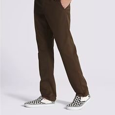 A Versatile Chino Pant That Delivers Style And Functionality, The Authentic Chino Slim Pant Lets You Stop Worrying About Your Gear And Focus On Your Skating. This Slim Fit Chino Pant Features Front Hand Pockets With Coin Pocket, Rear Welt Pockets With Button Closures, And Embroidered 'Drop V' Bartacks For Reinforcement With A Heritage Twist, Checkerboard Twill Taping On The Internal Fly Facing, And The Flag Label Sewn Into The Hem For Added Branding When Legs Are Cuffed. Casual Full-length Dress Pants With Welt Pockets, Tailored Full-length Casual Bottoms, Casual Tailored Full Length Bottoms, Fitted Casual Cargo Pants, Vans Cotton Bottoms For Spring, Casual Cargo Pants With Welt Pockets, Tailored Casual Work Pants With Straight Hem, Casual Tailored Work Pants With Straight Hem, Casual Tailored Bottoms With Pockets