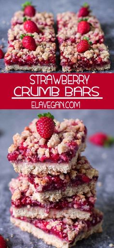 strawberry crumb bars stacked on top of each other with strawberries in the middle