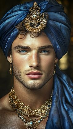 a man wearing a blue turban with gold jewelry on his neck and chest