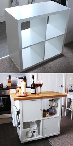 there are two pictures of the same kitchen counter top and one has wine glasses on it