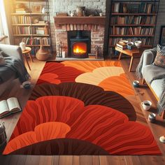 a living room filled with furniture and a fire place next to a book shelf on top of a hard wood floor