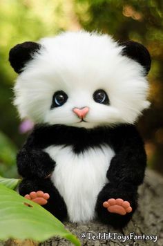 a small stuffed panda bear sitting on top of a tree branch next to green leaves