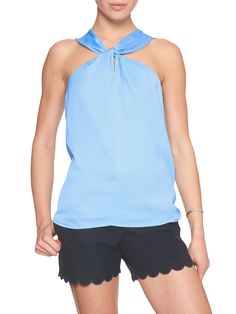 Twist Neck Halter Top Blue Chic Beach Tops With Tie Neck, Chic Tie Neck Beach Tops, Chic Beach Top With Tie Neck, Chic Tie Neck Tops For The Beach, Chic Tie Neck Tops For Vacation, Beach Tie Neck Tops, Casual Tie Neck Tops For Summer, Versatile Halter Neck Tank Top For Spring, Chic Summer Top With Tie Neck