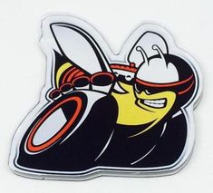 a sticker with a cartoon character on it's face and arms, holding a pair of scissors