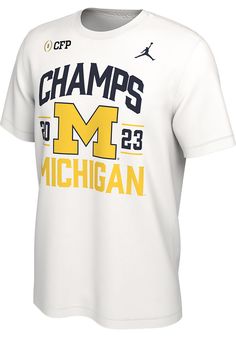 Show off your team pride in this Michigan Wolverines White 2023 National Champions Celebration Short Sleeve T Shirt! This Michigan Short Sleeve Tee features a screen print of football bowl game graphic on front chest. Make sure everyone knows you root for the Wolverines with this White Michigan T Shirt. Go Michigan! Made of 100% cotton material, Iconic Nike swoosh, Tagless Collar, Crew neckline, Screen print of team graphic on front chest Bowl Game, Youth Sports, Michigan Wolverines, Short Sleeve T Shirt, Athletic Fits, College Football, White Nikes, Vintage Tshirts, Cotton Material