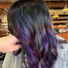 Fantasy Color Highlights, Blue And Purple Streaks In Hair, Blue And Purple Hair Highlights, Earthy Brunette, Blue And Purple Highlights, Hairstyle With Butterfly Clips, Hairstyle With Butterfly, Blue Hair Streaks