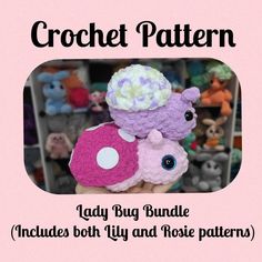 there are two crocheted teddy bears on top of each other with the words, lady bug bundle includes both tiny and rose patterns