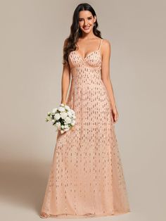 Paillette Spaghetti Straps Formal Evening Dress with Deep V-neck #color_Rose Gold Spaghetti Strap Bridesmaids Dresses, Stunning Bridesmaid Dresses, Ever Pretty, Affordable Dresses, Bridesmaid Gown, Formal Evening Dresses, Tulle Dress, Deep V Neck, Maternity Dresses