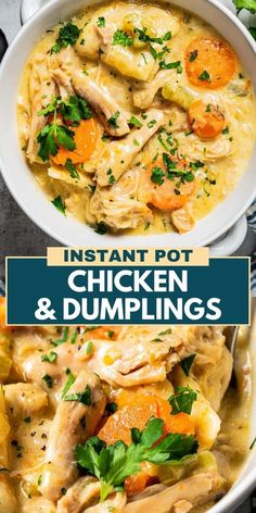 instant pot chicken and dumplings in a white bowl with text overlay that reads instant pot chicken and dumplings