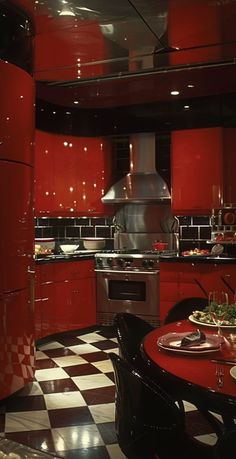 a red kitchen with black and white checkered flooring on the walls, stove top oven