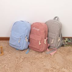 "⭐Production usually takes 10 business days. Hey there, whether they're off to school, a sleepover, or a grand adventure, this backpack is their trusty sidekick for every journey. ⭐Size: 10\" x 4.5\" x 15.5\" | Colors: Pink, Khaki, Gray, Green, Blue, Black  ⭐Personalized for Precious Moments: Make this backpack uniquely your child's by adding custom embroidery. ⭐Comfy, Adjustable Shoulder Straps: Say goodbye to the dreaded backpack shoulder ache! The backpack features adjustable straps that hug Back To School Backpack With Pockets For Study, Trendy Cotton Backpack For Back To School, Cotton School Backpack For Back To School, Cotton School Backpack, Trendy Cotton Student Backpack, School Backpack With Pockets Made Of Cotton, School Canvas Backpack With Pockets, Back To School Cotton Backpack, Standard School Backpack With Pockets