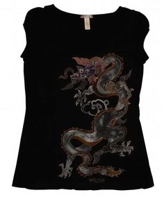 Hand-painted,classic  eastern dragon design tee-shirt *black, cap-sleeve, scoop neck knit top, jr. size m  *One of a kind, hand-painted, hand washable, wearable art. This classical eastern dragon is painted in shades of purple, rust, silver and gold, i love the way different colors of metal look together and i think the silver,gold and bronze metallic paints play off each other equally as well giving this dragon a very elegant look - i wear this type of top with a metallic  sequined jacket, blac Dragon Print Outfit, Black Cotton Tops With Dragon Print, Black Cotton Top With Dragon Print, Black Crew Neck T-shirt With Dragon Print, Cotton Short Sleeve Tops With Dragon Print, Casual Crew Neck T-shirt With Dragon Print, Casual Crew Neck Top With Dragon Design, Casual Cotton Tops With Dragon Design, Casual Cotton Top With Dragon Design