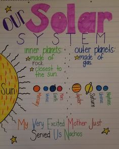 a notebook with writing on it that says our solar system