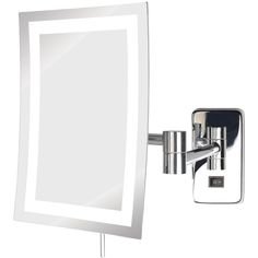 a mirror mounted on the side of a wall next to a faucet and light