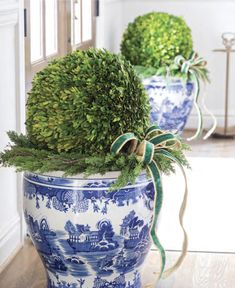 two blue and white vases with green plants in them on the floor next to each other