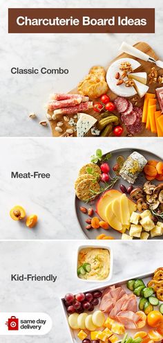 the different types of cheeses and meats are shown on this plate, along with other