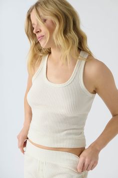 Women's ivory rib knit fitted tank top with scoop neck & curly-edge hem Ribbed Tank Top For Layering, Everyday Ribbed Sleeveless Camisole, Beige Tank Top For Loungewear, Beige Tank Top For Layering, Everyday Ribbed Tank Strap Camisole, Everyday Ribbed Camisole With Tank Straps, Everyday Ribbed Camisole In Solid Color, Everyday Beige Tank Top, Solid Ribbed Camisole For Everyday