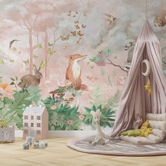 a child's room decorated in pink and green with an animal themed wallpaper