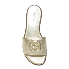 Deanna Cut Out Slide In Pale Gold Mfsrp: $155.00 Defined By A Cutout Logo Charm, This Deanna Sandal Is One Of The Season’s Most Sought-After Styles. They’re Crafted From Leather And Set On A Slightly Stacked Heel That Makes Them Comfortable Enough To Wear For Hours On End. Wear Yours From The City To The Beach And Everywhere In Between. Slide Sandal Leather 100% Leather Lining: Polyurethane Blend Sole: Rubber Open Toe Heel Height: 0.25” Heel Type: Stacked Slip On Imported Style # 49s3dnfa1l Bran Chic Gold Leather Slides, Gold Flat Slides, Gold Leather Slides With Leather Footbed, Michael Kors Sandals For Spring, Classic Gold Sandals With Cushioned Footbed, Luxury Gold Sandals With Cushioned Footbed, Gold Sandals With Leather Lining For Summer, Gold Leather Slides With Round Toe, Luxury Michael Kors Sandals For Spring