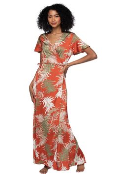 Subtle Luxury Maxi XS/S / Red-Orange / Blooming Paradise Bold Fern Print | Maxi Wrap Dress Fern Prints, Office Flats, Brunch Dates, Fern Pattern, Billowy Sleeves, Subtle Luxury, By The Beach, Maxi Wrap Dress, Printed Maxi