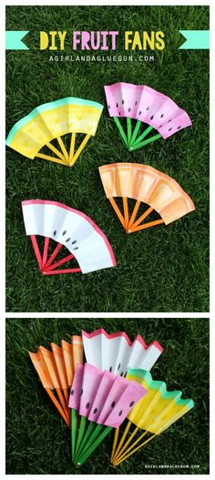 four different types of paper fans on grass with the words diy fruit fans above them