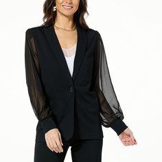 Colleen Lopez Chiffon Sleeve Ponte Knit Blazer   For an elevated take on a classic style, this mixed media ponte knit blazer goes the extra mile. Extra Mile, Knit Blazer, Draped Fabric, Princess Seam, Black Blazers, Outerwear Jackets, Vest Jacket, Fashion Clothes Women, Classic Style