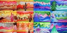 an art project with colored pencils and watercolor paints on paper, depicting different types of mountains