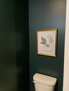 a white toilet sitting in a bathroom next to a framed flower on a green wall