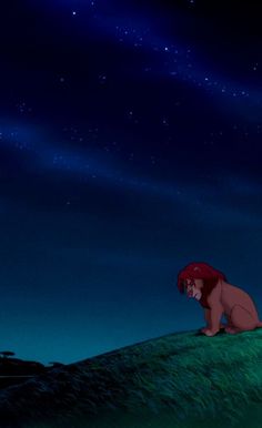 the little mermaid is sitting on top of a hill looking at the stars in the sky