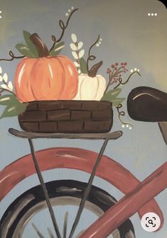 a painting of a bicycle with pumpkins and flowers in the basket