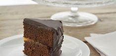 a piece of chocolate cake on a white plate