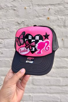 ONE OF A KIND The Barbie Trucker Hat Wild Bohemian Painted Trucker Hats, Hat With Patches, Custom Trucker Hats, Painted Hats, Boho Shops, Hat Ideas, People Shopping, Curvy Dress, Snap Back