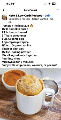 the recipe for pumpkin pie in a mug