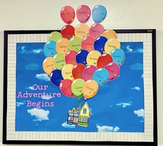 a bulletin board with colorful balloons attached to it and the words, our adventure begins