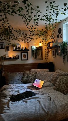 a laptop computer sitting on top of a bed in a room with plants hanging from the ceiling